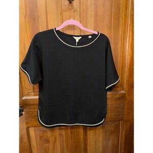 MAX STUDIO LONDON Black Short Sleeve Top With White Piping Size S. NWOT
